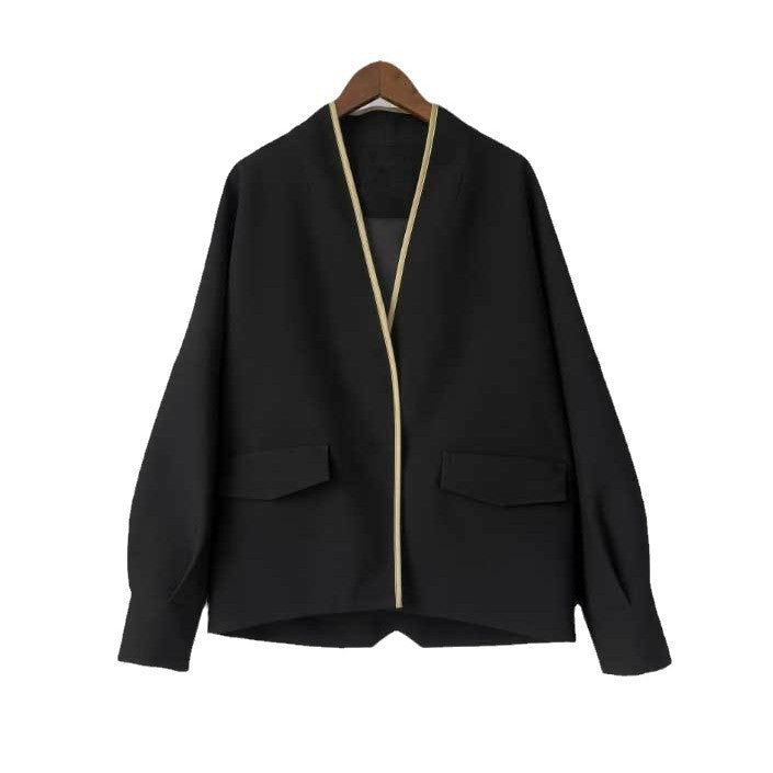 Damen Oversize kragenlose Blazerjacke mit kontrastpaspel & Pattentaschen Echo Archiv