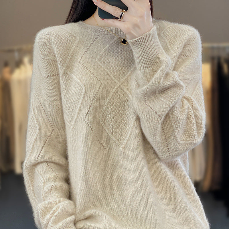 Damen Weicher Rautenmuster-Pullover im Mohair‑Look mit feiner Ajourstruktur und Rundhalsausschnitt Echoarchiv