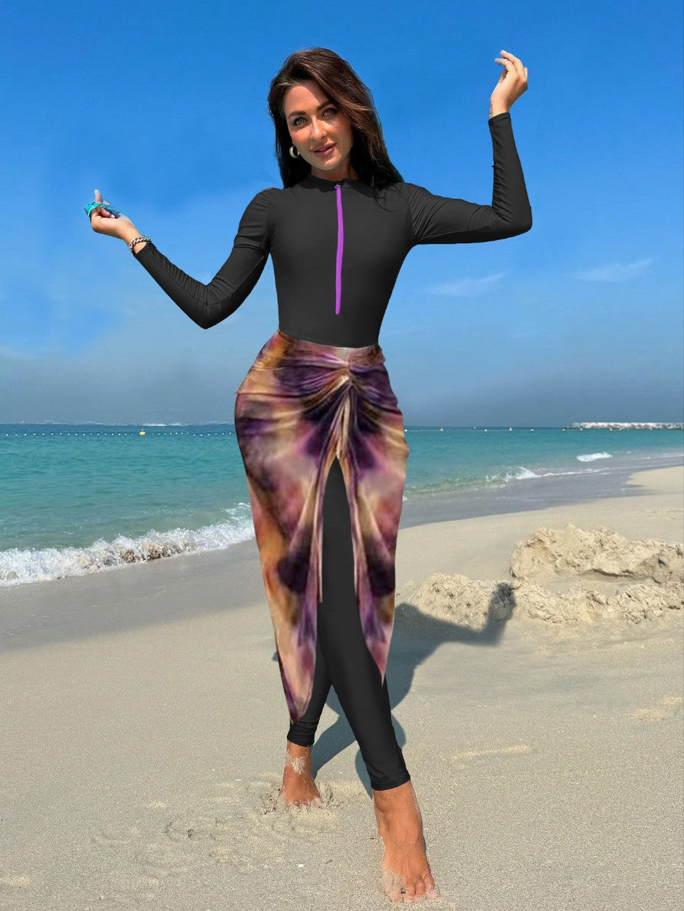 Damen Modischer UV-Schutz-Schwimmanzug mit langem Arm und asymmetrischem Rock Echo Archiv