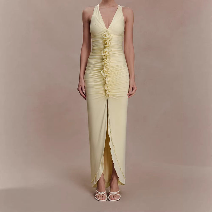 Damen Hochwertiges Abendkleid mit tiefem V-Ausschnitt und Raffungen Echo Archiv