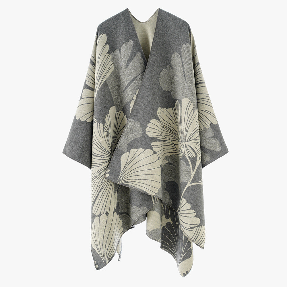 Damen Jacquard‑Capeponcho mit großflächigem Blatt‑Jacquard und offenem Wickelschnitt – Montévia
