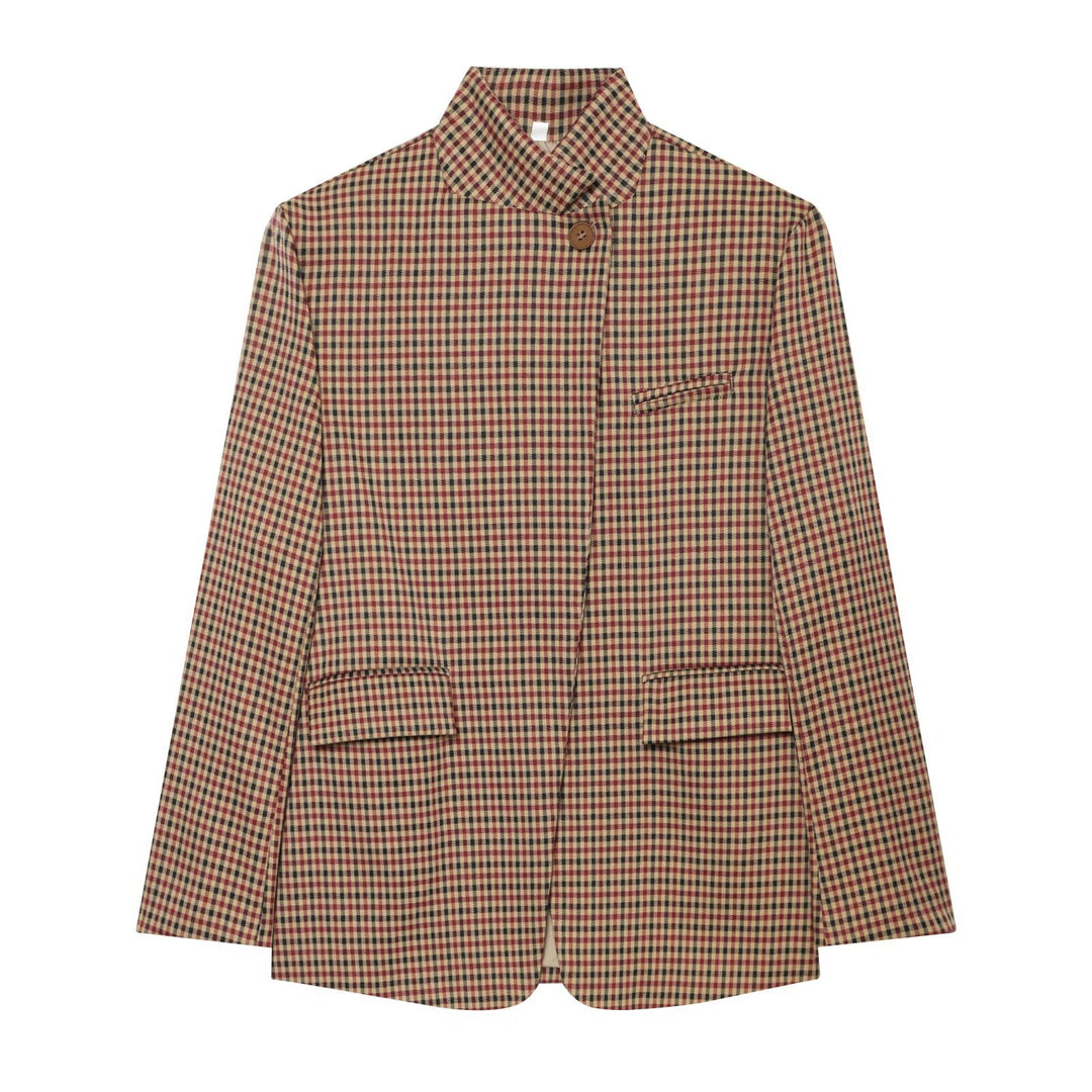 Damen Karierter Longblazer mit Stehkragen, verdeckter Knopfleiste und Pattentaschen Echoarchiv