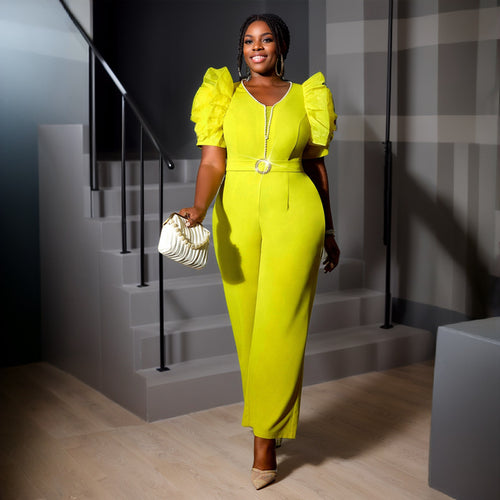 Damen eleganter Jumpsuit mit voluminösen Puffärmeln und Perlenakzent Echo Archiv
