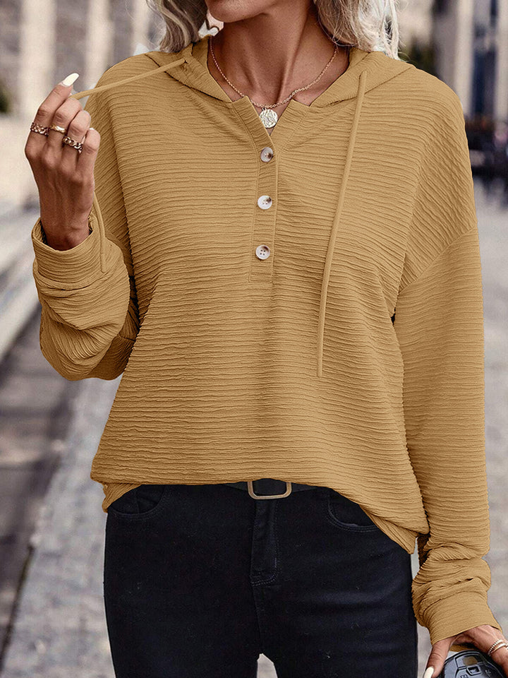Damen Texturierter Kapuzenpullover mit Knopfleiste und Oversize-Schnitt Echoarchiv