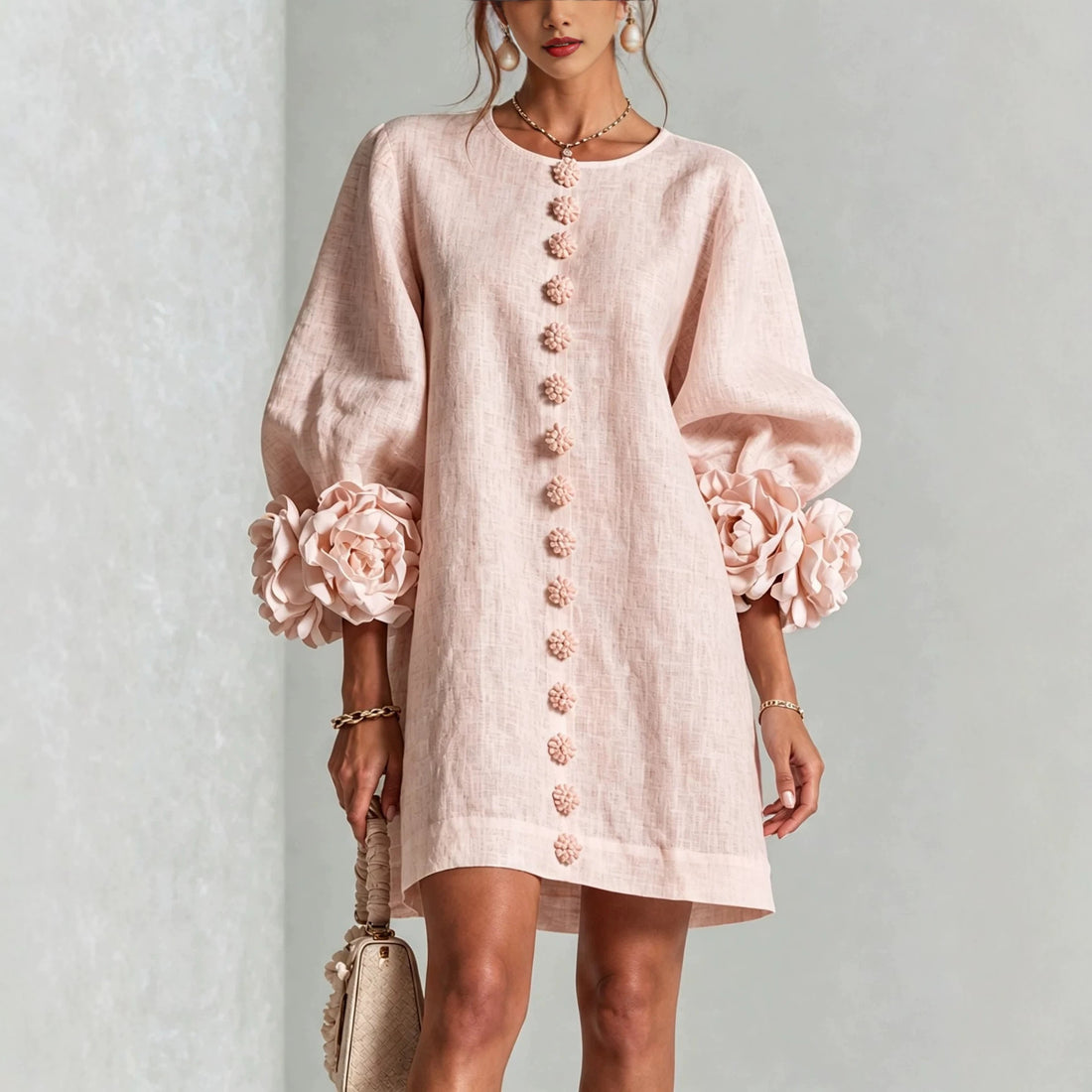 Damen Leinenkleid im A‑Linien‑Schnitt mit Ballonärmeln und 3D‑Blütenverzierung Echo Archiv
