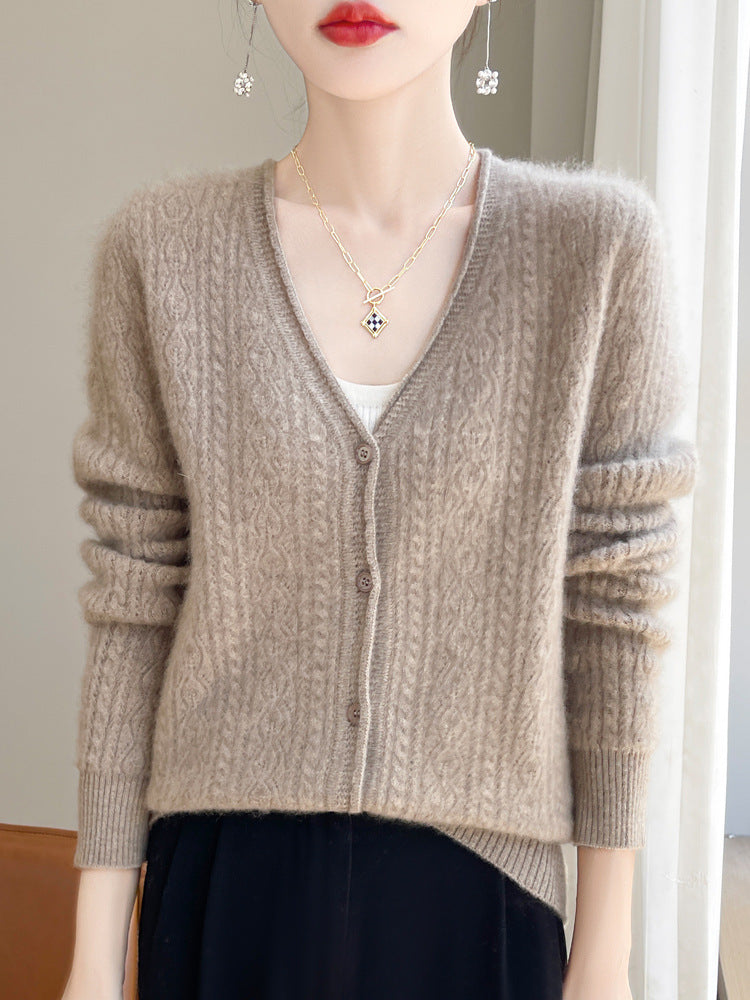 Damen Kurzer Zopfmuster-Cardigan im Mohair-Look mit V‑Ausschnitt und gerippten Bündchen Echoarchiv