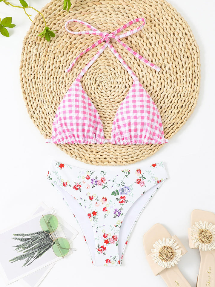 Damen Triangel-Bikini mit Floral- und Karomuster Echo Archiv