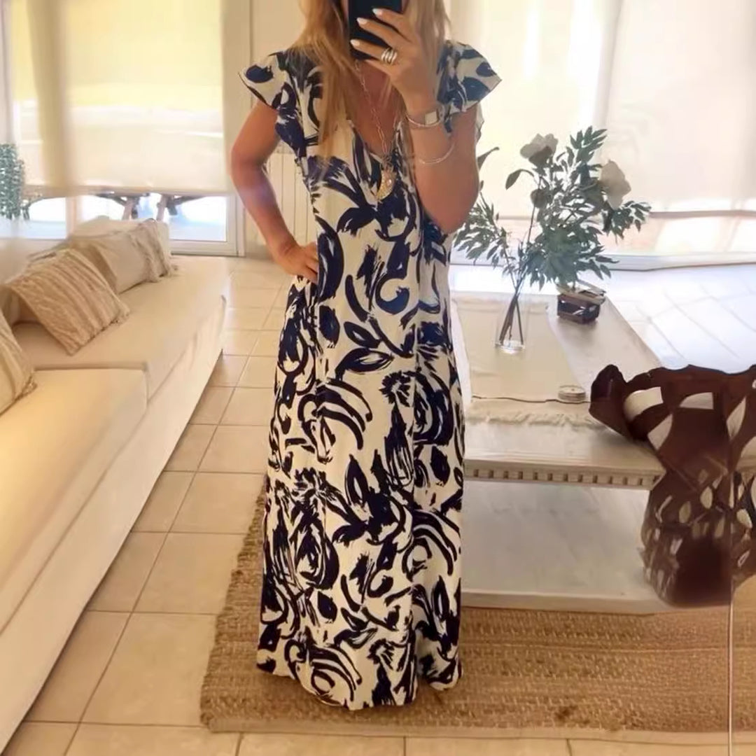 Damen nan fließendes Maxikleid mit V-Ausschnitt, Flügelärmeln und seitlichem Beinschlitz Echo Archiv