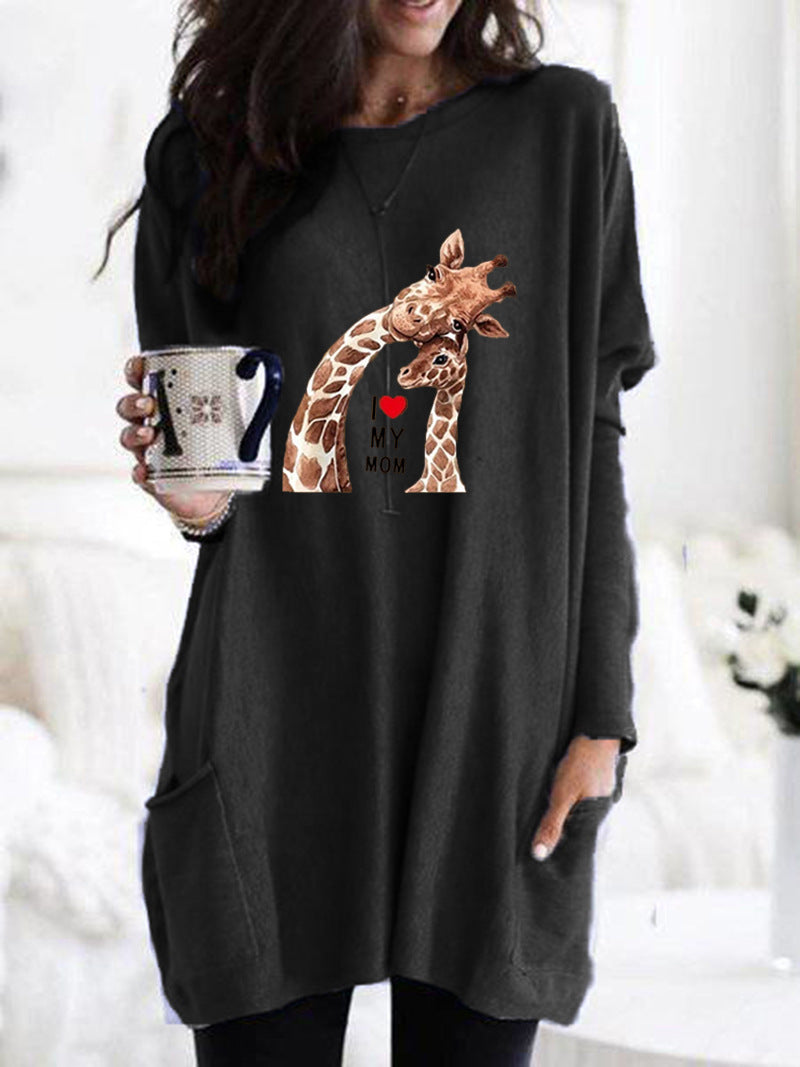 Frauen Übergroße Sweatkleid mit Giraffenmuster, Rundhalsausschnitt und Seitentaschen Echoarchiv