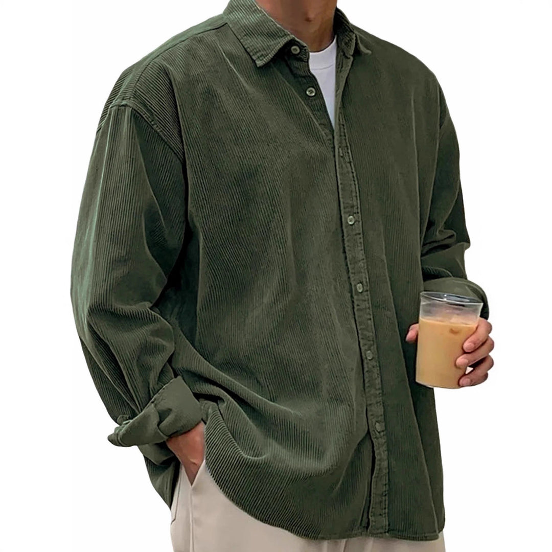 Herren Oversize Cord-Shirt aus feinem Cord mit durchgehendem Knopfverschluss und Kent-Kragen EB – Arvello