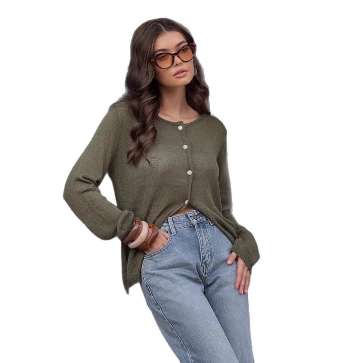 Damen leichter halbtransparenter Feinstrick-Cardigan mit Rundhals und Knopfleiste Echoarchiv