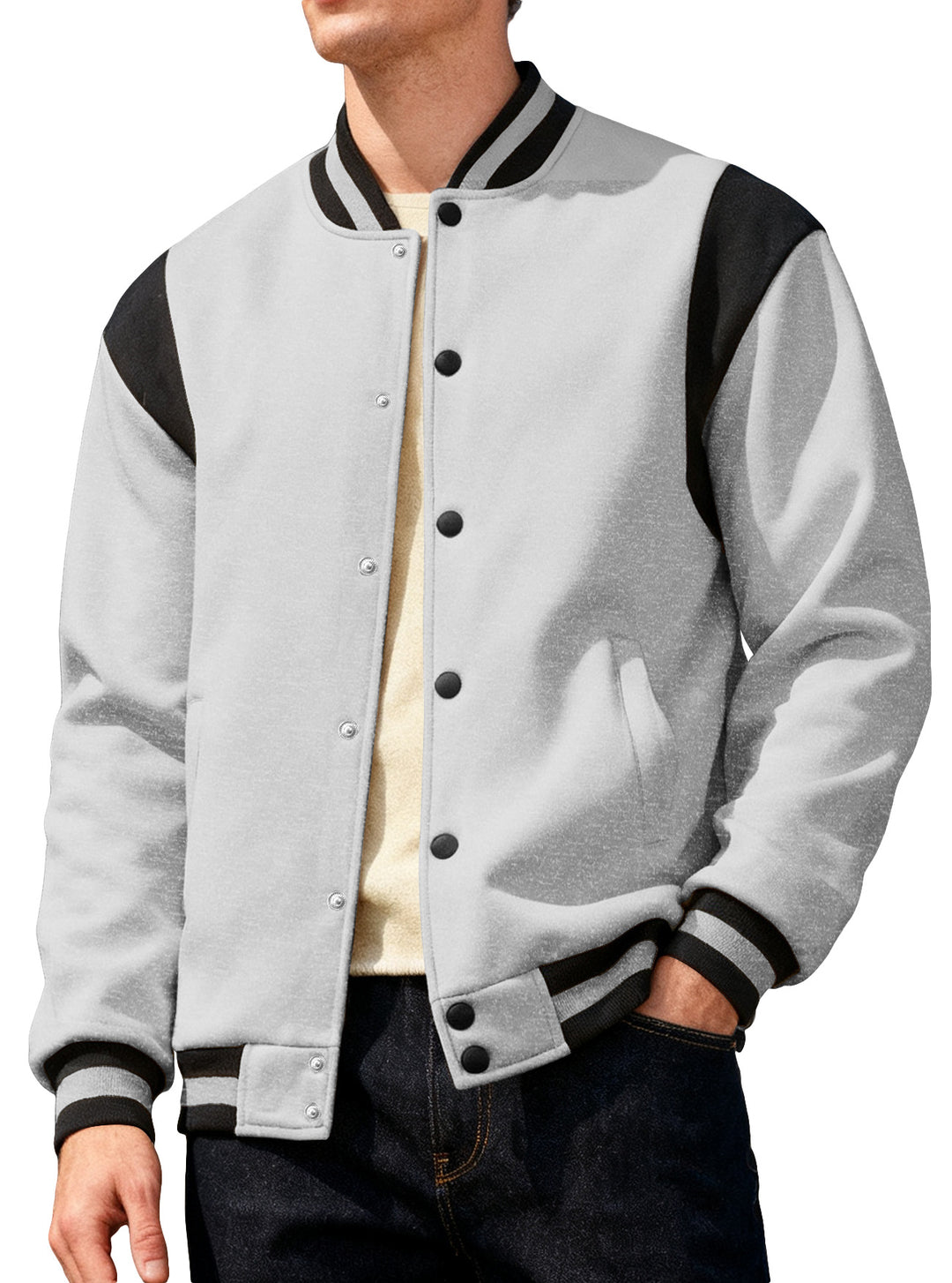 Herren lässige Collegejacke mit Druckknöpfen und elastischen Bündchen Echoarchiv