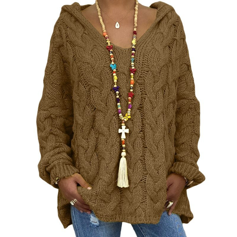 Damen Oversized Zopfmuster-Strickpullover mit Kapuze und lässigem V‑Ausschnitt Echo Archiv