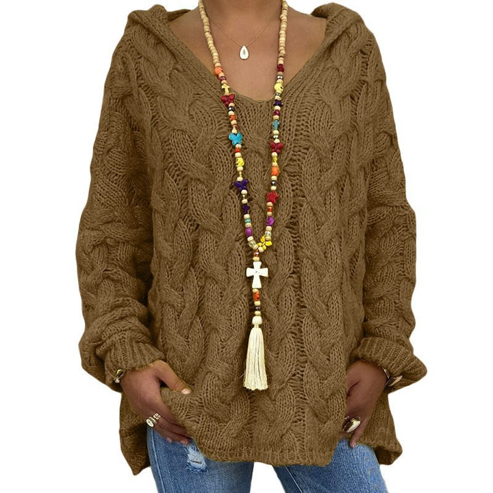 Damen Oversized Zopfmuster-Strickpullover mit Kapuze und lässigem V‑Ausschnitt Echo Archiv