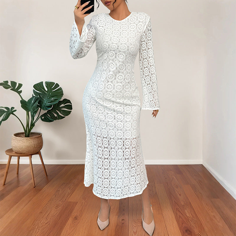 Damen Midikleid aus Häkelspitze mit taillierter Silhouette, Trompetenärmeln und ausgestelltem Saum Echoarchiv