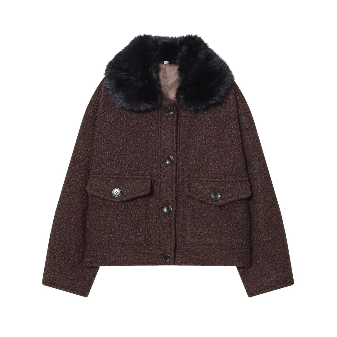 Damen Cropped Bouclé-Jacke mit weichem Kunstfellkragen und Pattentaschen Echoarchiv