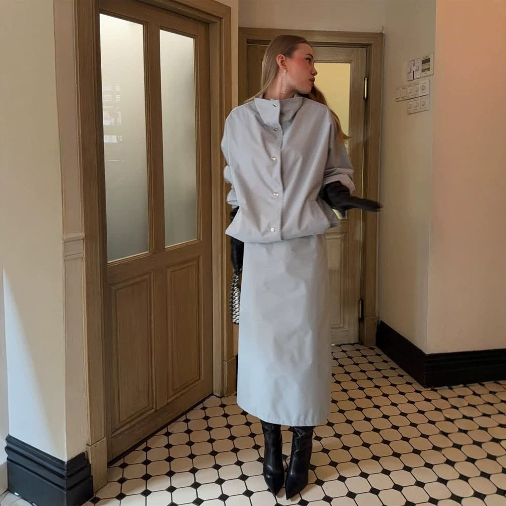 Damen Zweiteiliges Co-Ord-Set aus leichter Windjacke mit Tunnelzug und tailliertem Maxi-Rock Echoarchiv