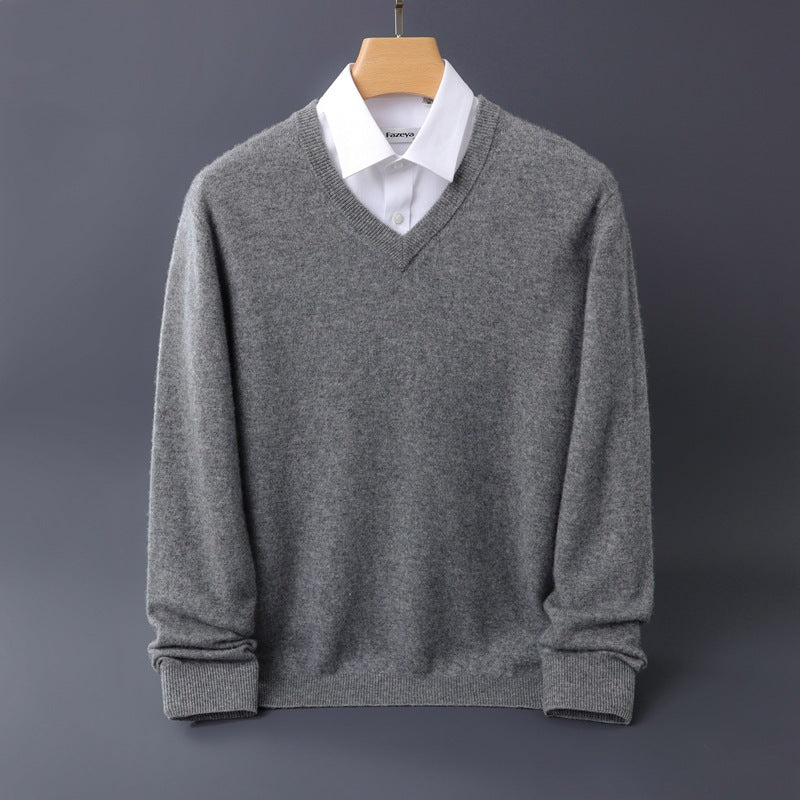 Herren Feiner V-Ausschnitt-Pullover aus Merino-Kaschmir-Mix mit gerippten Bündchen Echoarchiv