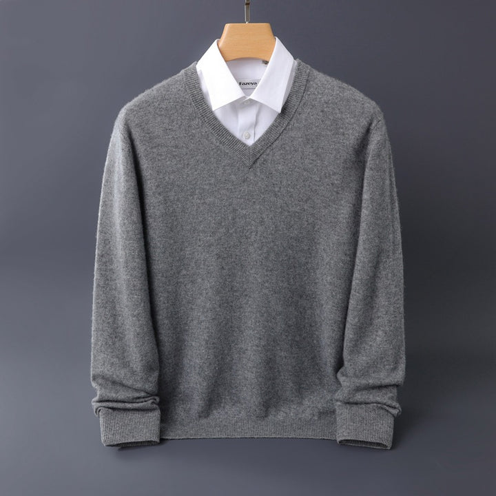 Herren Feiner V-Ausschnitt-Pullover aus Merino-Kaschmir-Mix mit gerippten Bündchen Echoarchiv