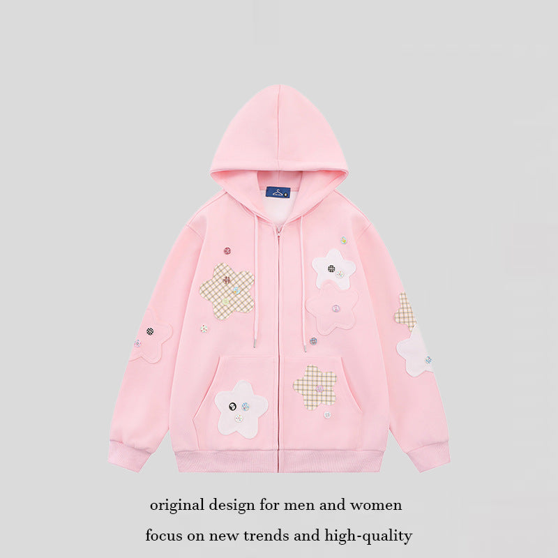 Damen Oversize-Zip-Hoodie mit floralen Stern-Applikationen und Knopf-Details Echoarchiv