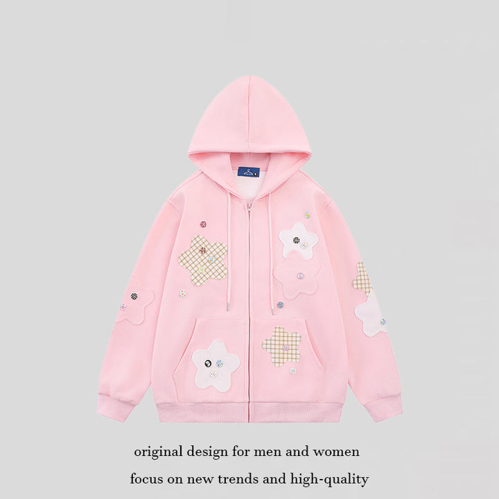 Damen Oversize-Zip-Hoodie mit floralen Stern-Applikationen und Knopf-Details Echoarchiv