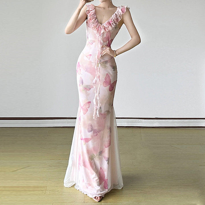 Damen Maxikleid aus transparentem Chiffon mit Rüschendetails und floralem Design Echo Archiv