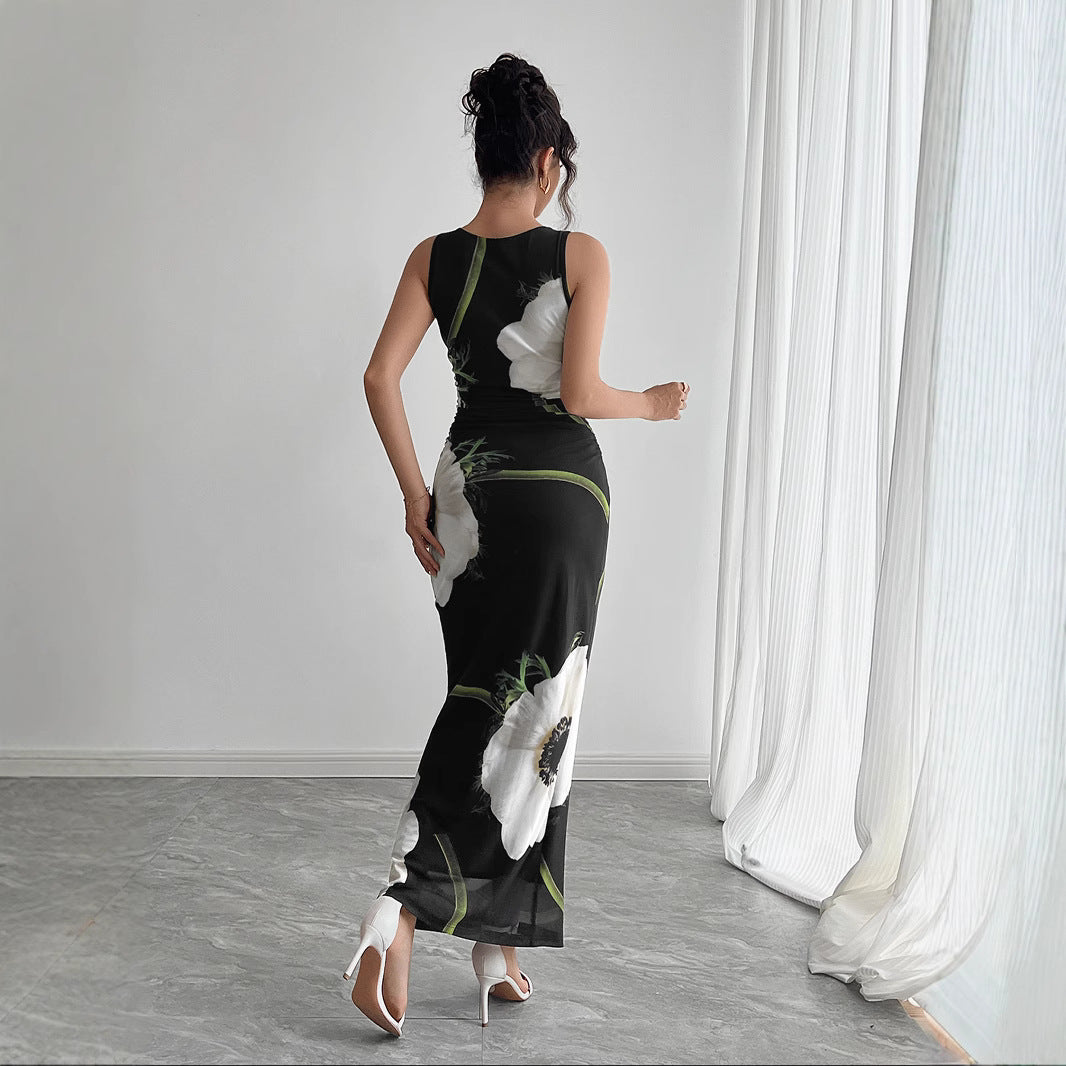 Damen nan figurbetontes ärmelloses Maxikleid mit fotorealistischem Blumenprint und taillierter Silhouette Echo Archiv