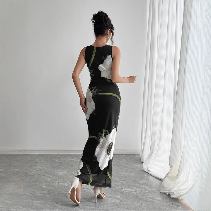Damen nan figurbetontes ärmelloses Maxikleid mit fotorealistischem Blumenprint und taillierter Silhouette Echo Archiv