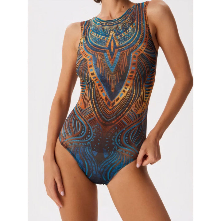 Damen Sportbadeanzug mit modernem Grafikdesign und hohem Neck Echo Archiv