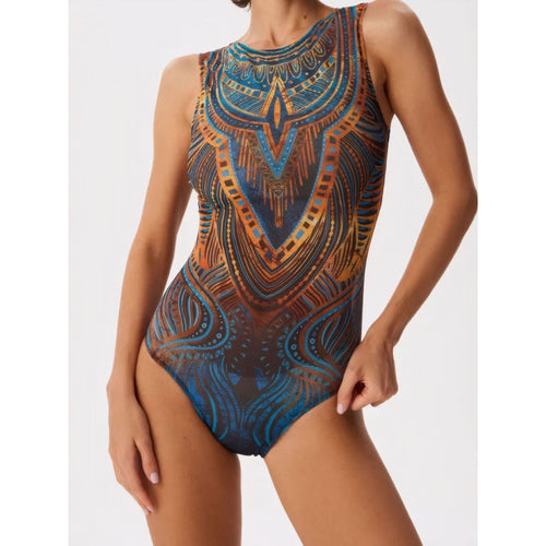 Damen Sportbadeanzug mit modernem Grafikdesign und hohem Neck Echo Archiv