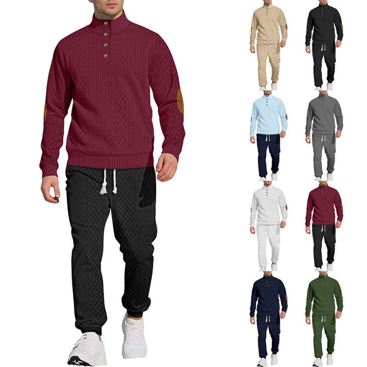 Herren nan strukturiertes Strick-Freizeitset mit Halbknopf-Stehkragen Wildleder-Ellbogenpatches und Kordelbund-Jogger Echo Archiv