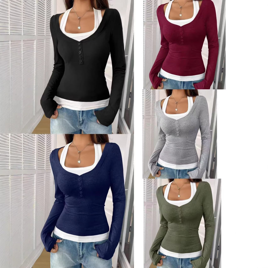 Damen Figurbetontes Langarmshirt mit U-Ausschnitt und Knopfleiste – Avérine