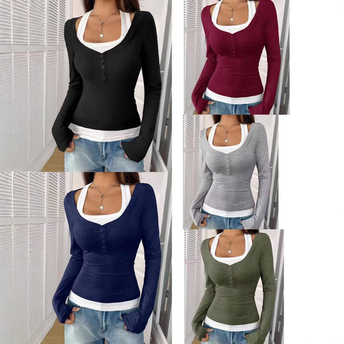 Damen Figurbetontes Langarmshirt mit U-Ausschnitt und Knopfleiste – Avérine