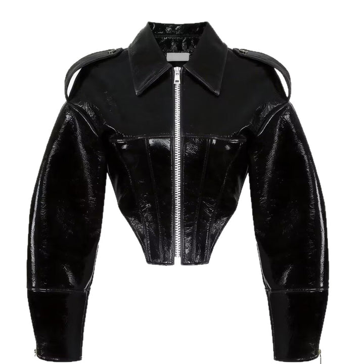Damen kurz geschnittener Lackoptik-Blouson mit tailliertem Korsett-Schnitt Echo Archiv