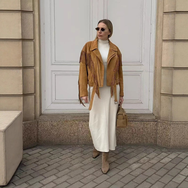 Damen Kurze Fransenjacke im Wildlederlook mit Taillengürtel Echoarchiv