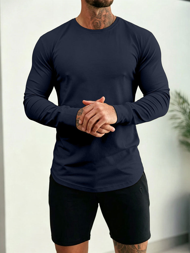 Herren Enganliegendes Langarm-Shirt aus Baumwollstretch mit Rundhals – Orvano