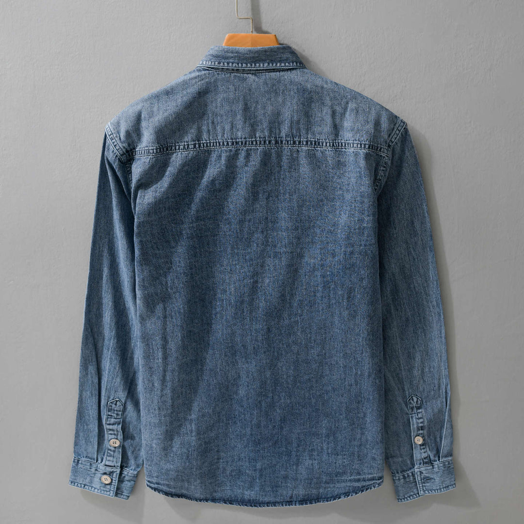 Herren entspanntes Denim-Overshirt mit Knopfleiste und Bruststickerei Echoarchiv