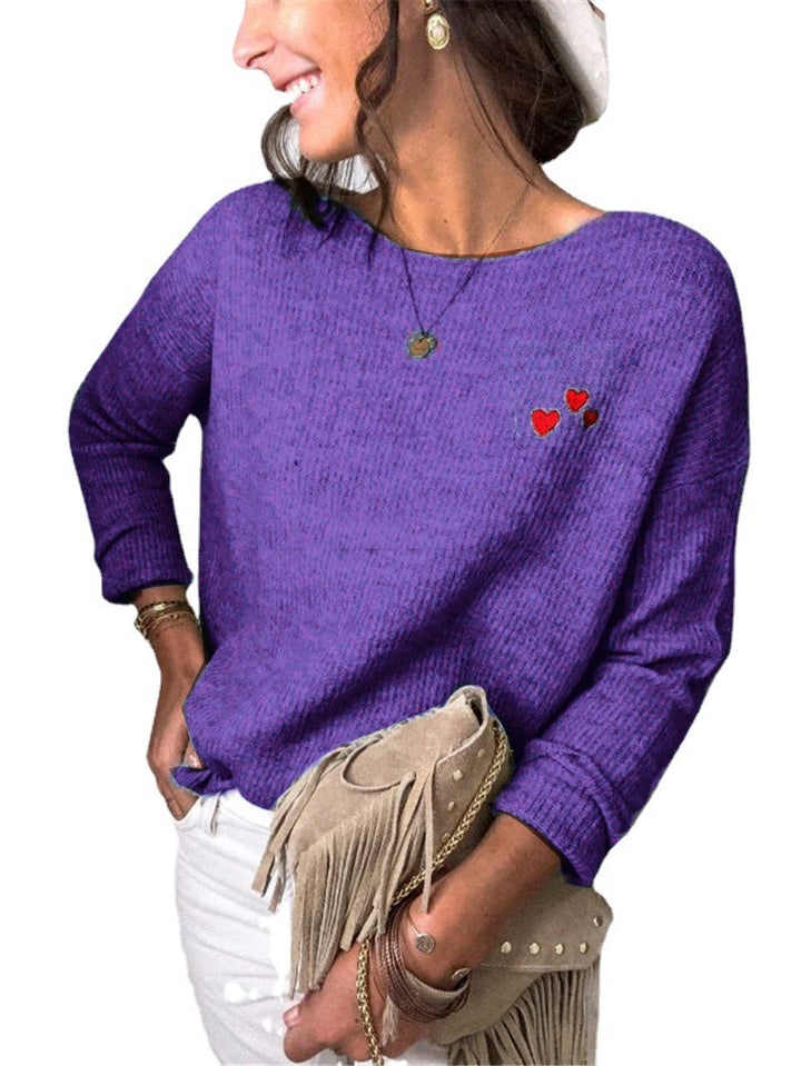 Damen Leichter Feinstrickpullover mit U-Boot-Ausschnitt, lockerem Sitz und Herzstickerei Echoarchiv