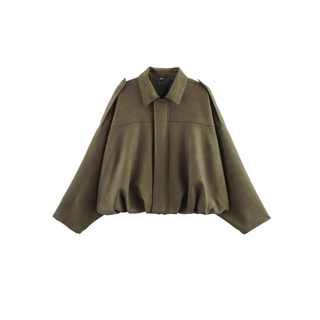 Damen Cropped Boxy Wildleder-Look Bomberjacke mit Epauletten-Schultern Echoarchiv