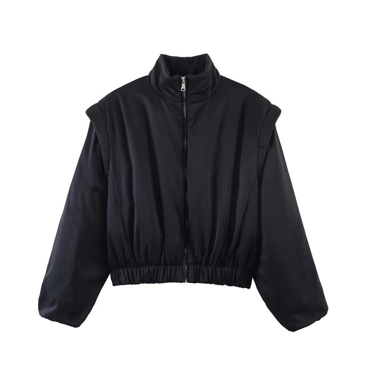 Damen cropped wattierte Jacke mit Stehkragen, voluminösen Ballonärmeln und taillierendem Elastikbund – Célinea
