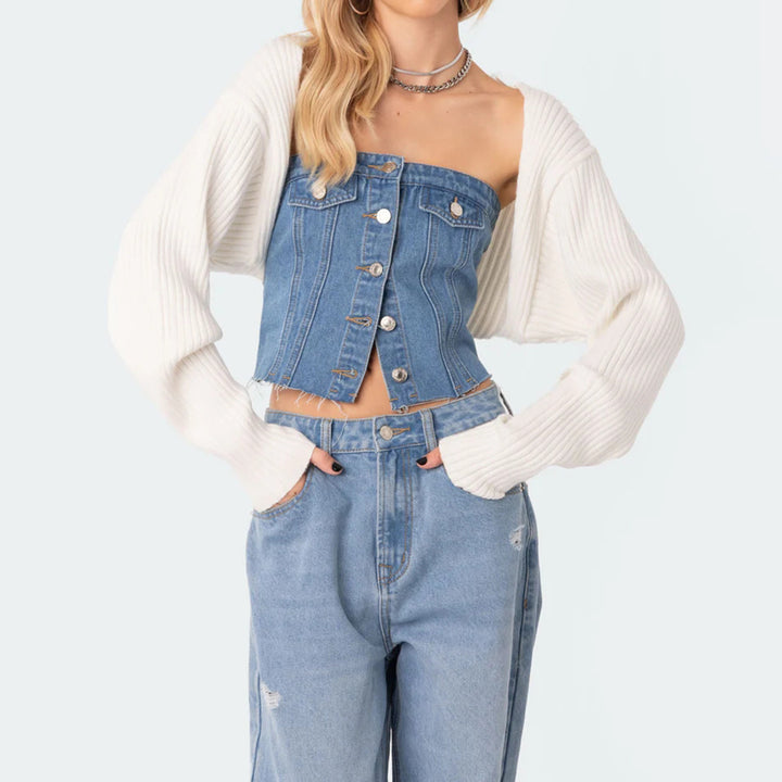Damen Denim-Crop-Top mit gestricktem Überwurf Echo Archiv