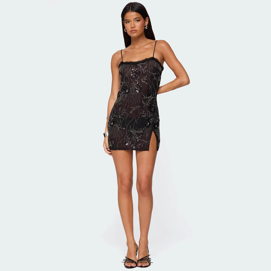 Damen glamouröses Mini-Kleid mit floralen Applikationen und seitlichem Schlitz Echo Archiv