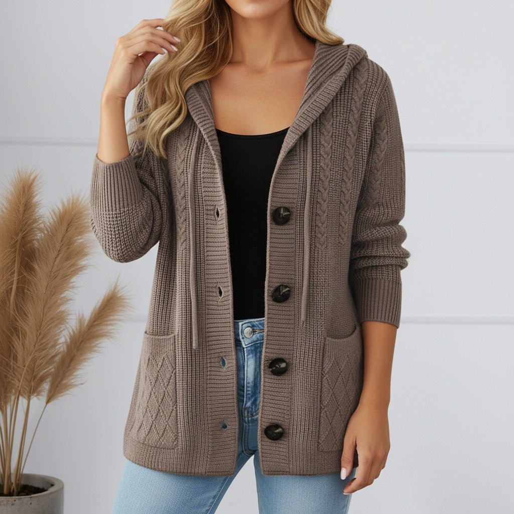 Damen nan gerippter Kapuzen-Strickcardigan mit Zopfmuster, großen Holzknöpfen und aufgesetzten Taschen Echo Archiv