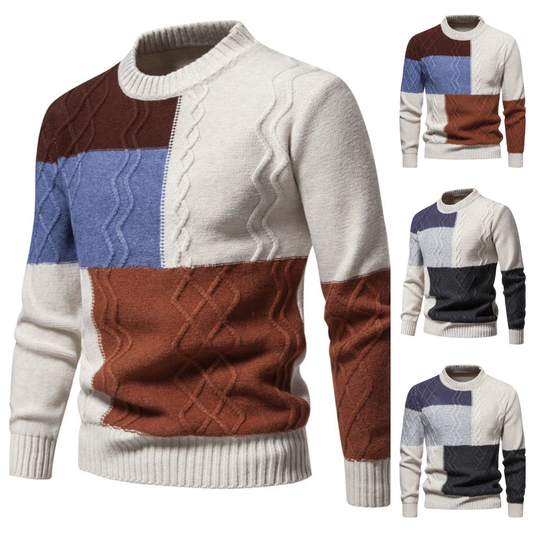 Herren Strickpullover mit modernem Zopfmuster und buntem Blockdesign Echoarchiv