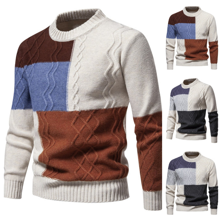 Herren Strickpullover mit modernem Zopfmuster und buntem Blockdesign Echoarchiv