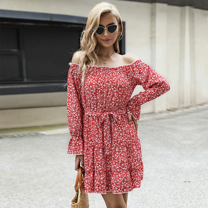 Damen Schulterfreies Blumen-Minikleid mit Taillenschnur und Stufenrock Echoarchiv