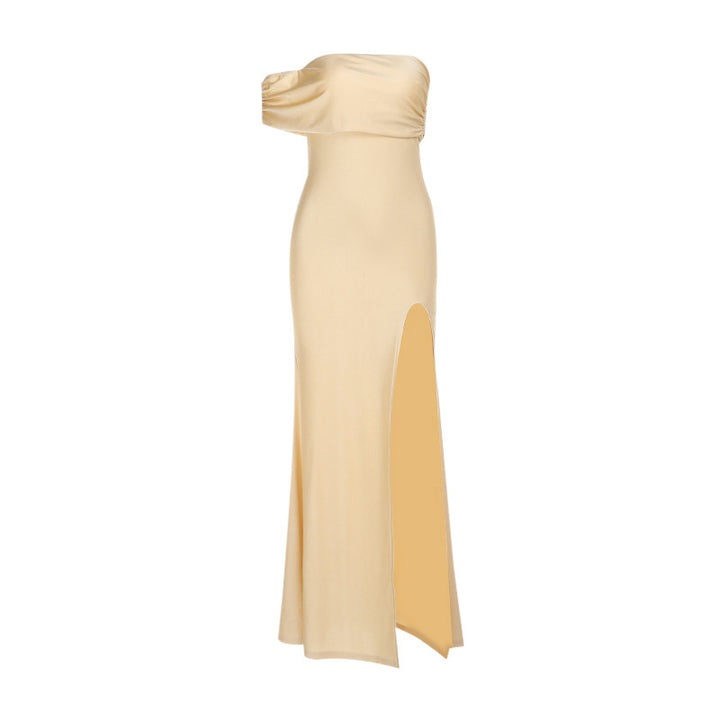 Damen schulterfreies Maxikleid mit eleganter Drapierung und hohem Schlitz Echo Archiv