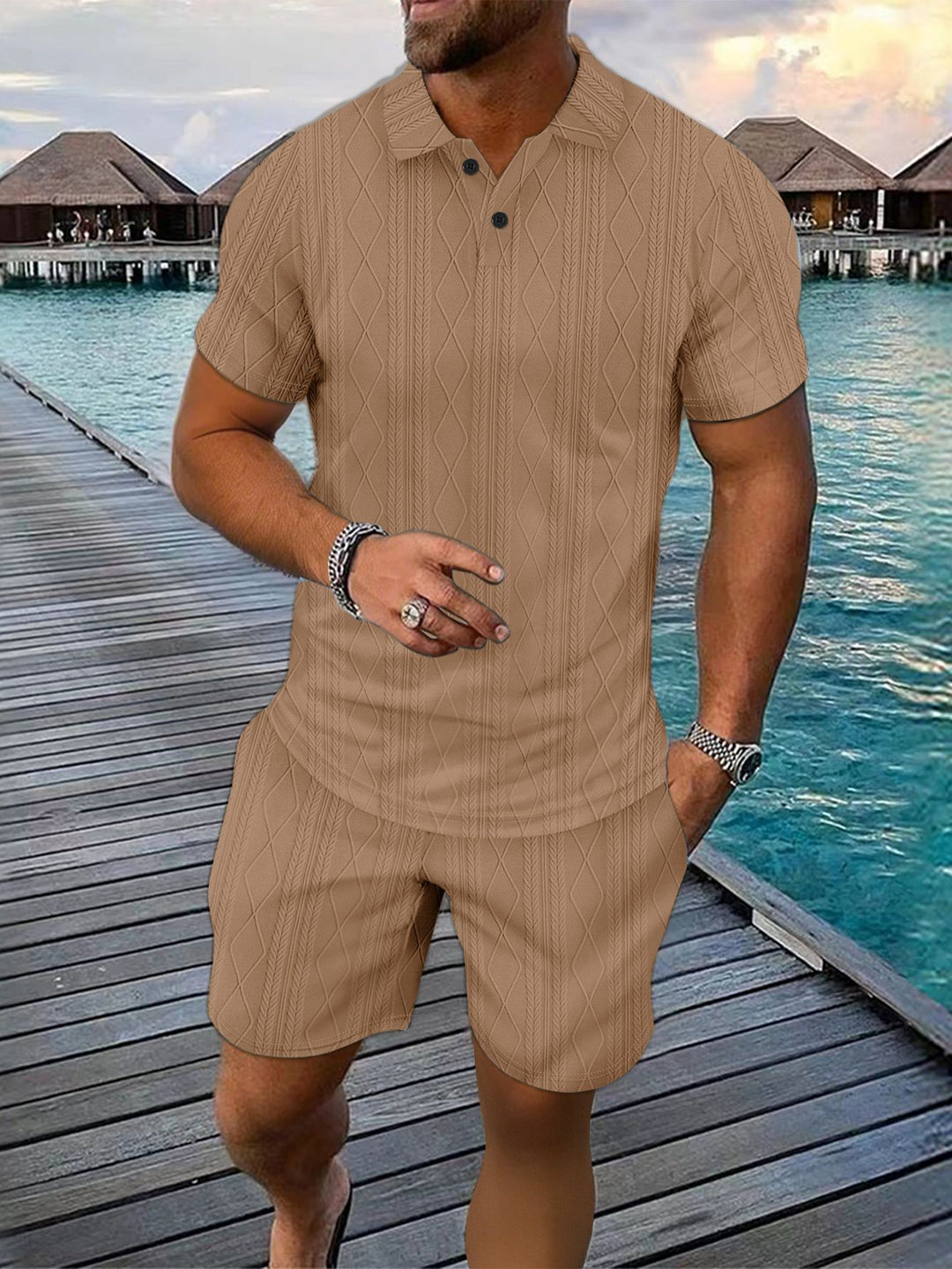 Herren Strukturstrick Polo und Shorts Set Echoarchiv