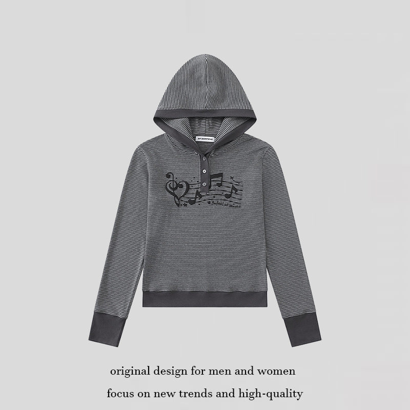 Damen Kapuzen-Henley-Pullover aus leichtem Streifenjersey mit Musik-Print Echoarchiv