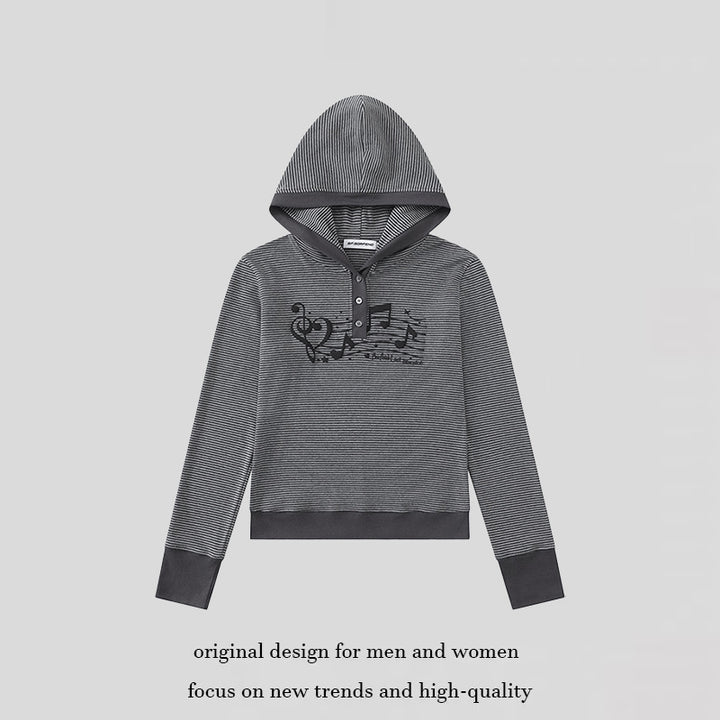 Damen Kapuzen-Henley-Pullover aus leichtem Streifenjersey mit Musik-Print Echoarchiv